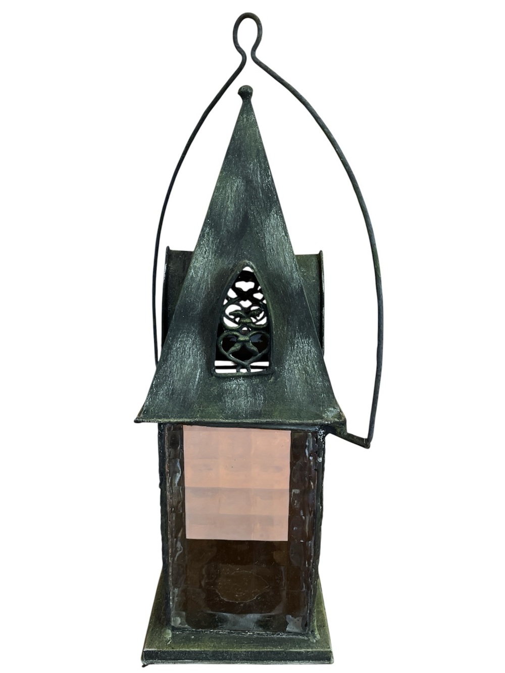 Decorative Green Metal and Glass Cathedral Style 12”H Lantern Filigree Detailing - Picture 6 of 15